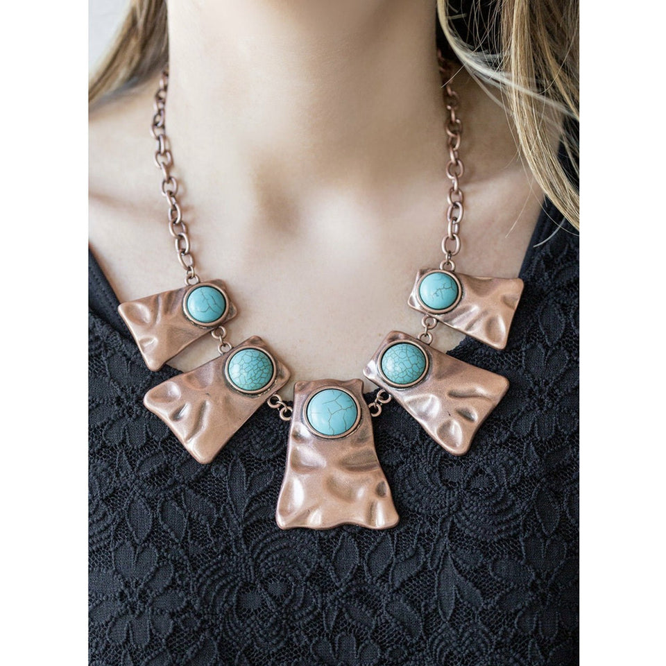 Copper and Turquoise Fringed Statement Necklace with matching earrings set
