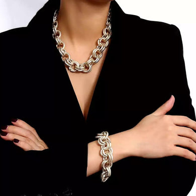 Thick urban gold chain link choker Necklace with bracelet set