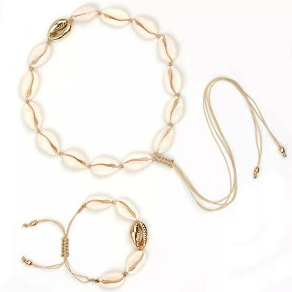 Beach Cowrie Gold Shell Necklace and Bracelet Set 