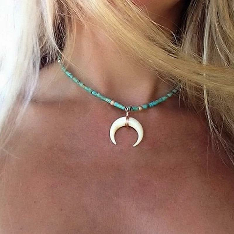 Turquoise Beaded Choker WHITE HORN Charm Pendant Crescent Short Choker Necklace.   Material: Resin and Alloy