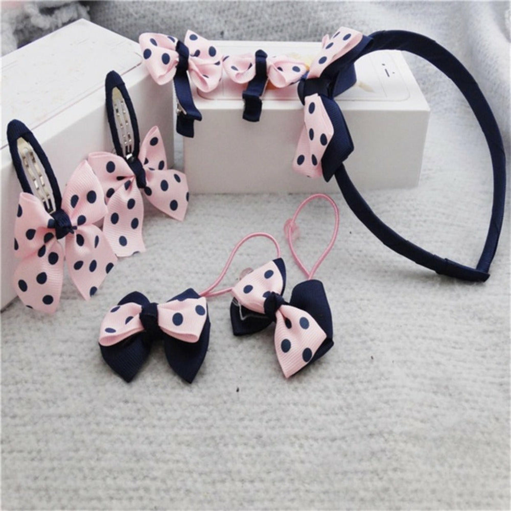 7 Pieces Hair Accessories - Blue and Pink Polka Dot Headband and Hair Clip Set