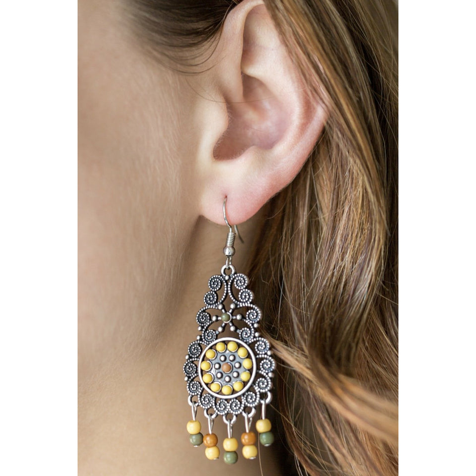 Yellow green silver bohemian Moroccan drop earrings 