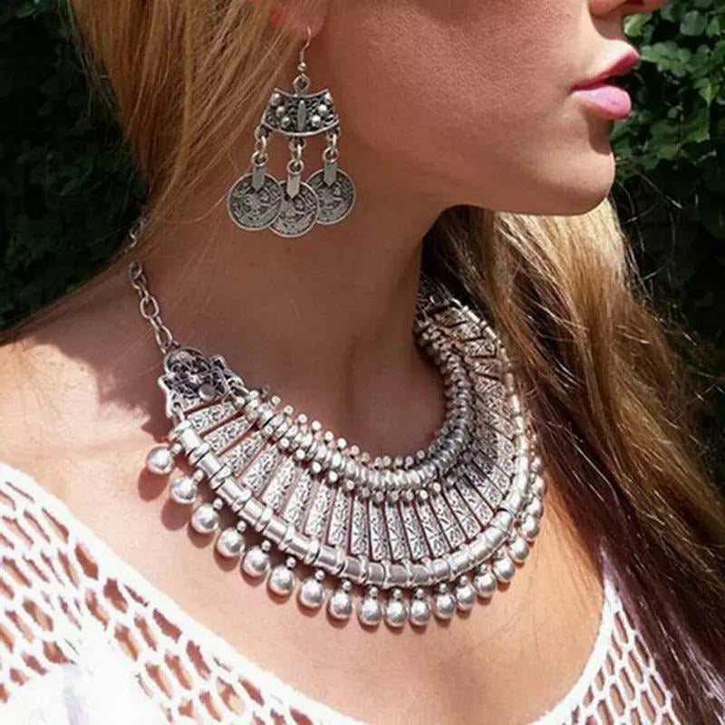Bohemian Chic style, vintage Statement Collar coin necklace