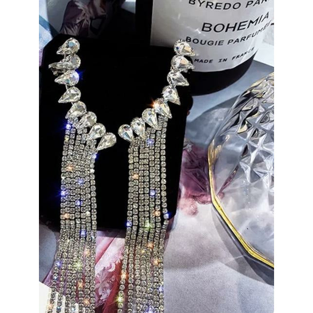Rhinestone Cuff Tassle Evening Earrings - Gold/ Silver