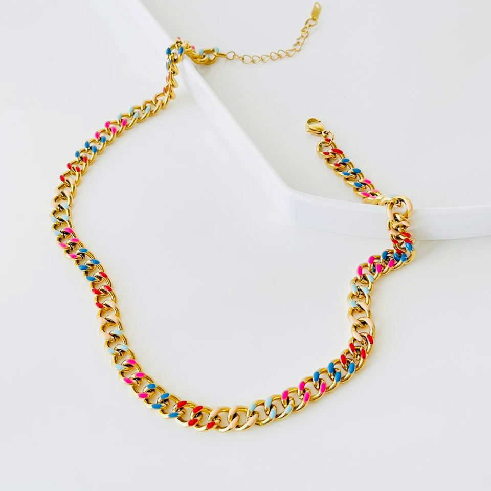Lush-Laney Multicolor Enamel Cuban Link Gold Necklace