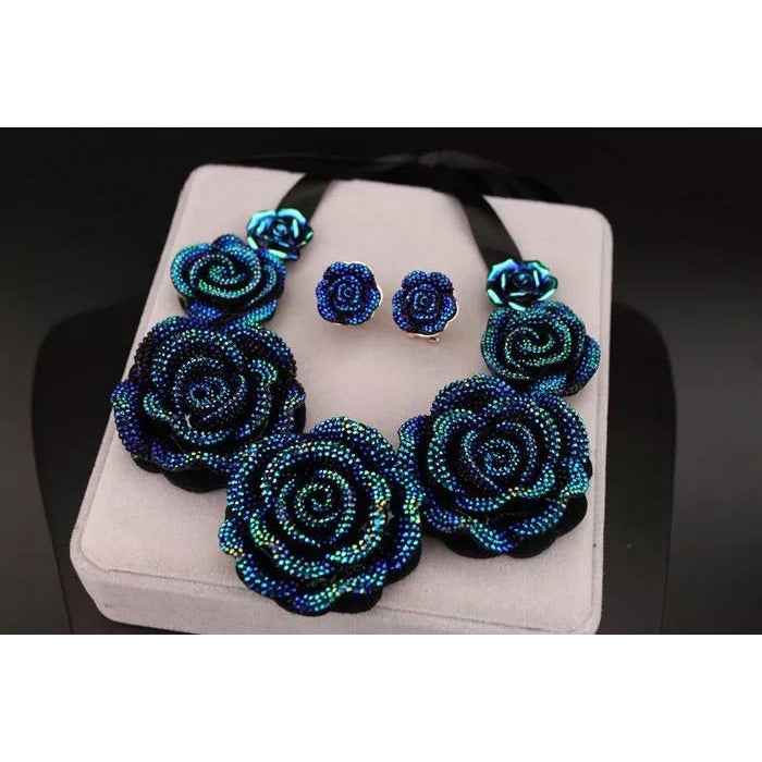 Nikko Blue Rose Statement Choker Necklace with Earrings