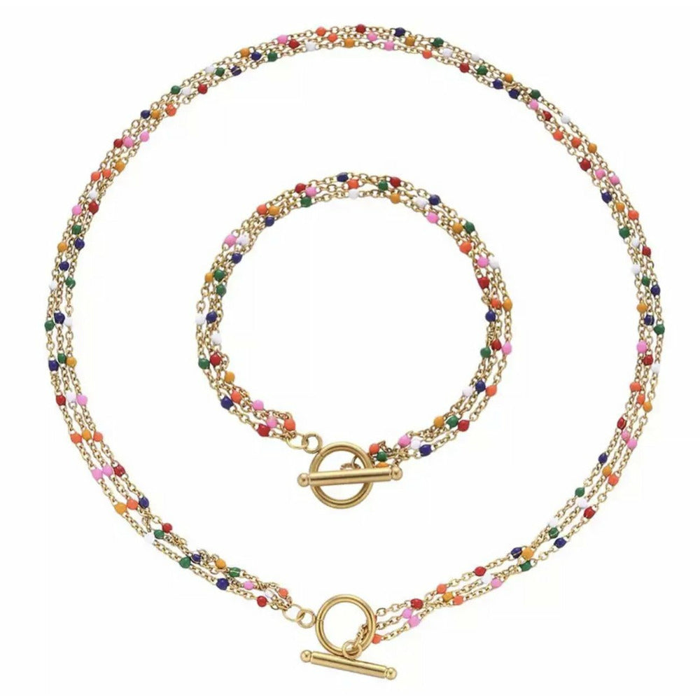 Multicolor Layered Choker Necklace Set - Gold or Silver