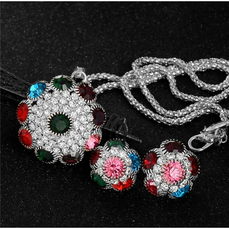 18 K plated white gold colorful rhinestone necklace with matching earrings 