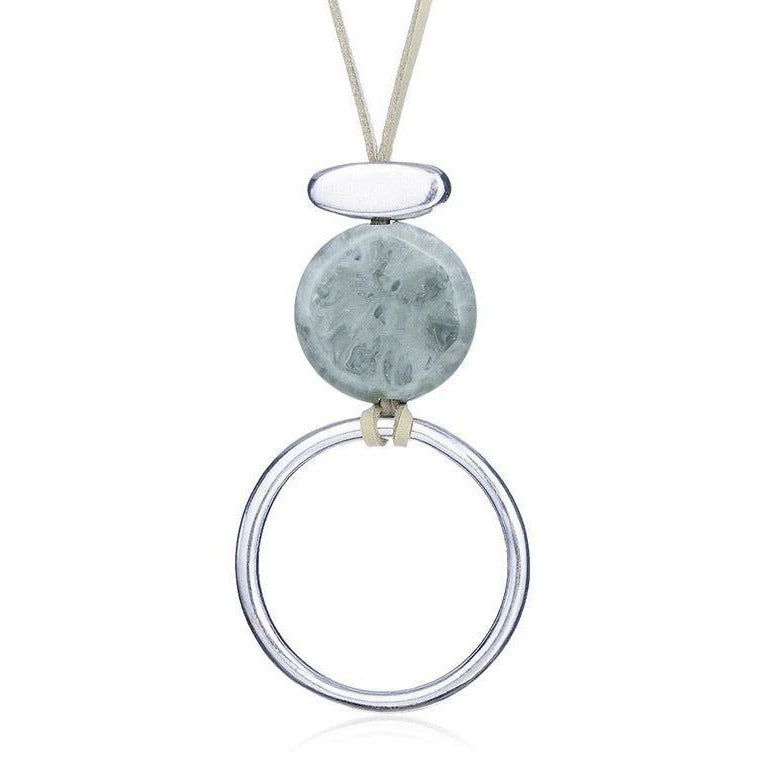  Long Leather Necklace with a round blue-green resin stone pendant and silver circle char