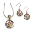 Gold silver braided cross with pink gem necklace with earrings set
