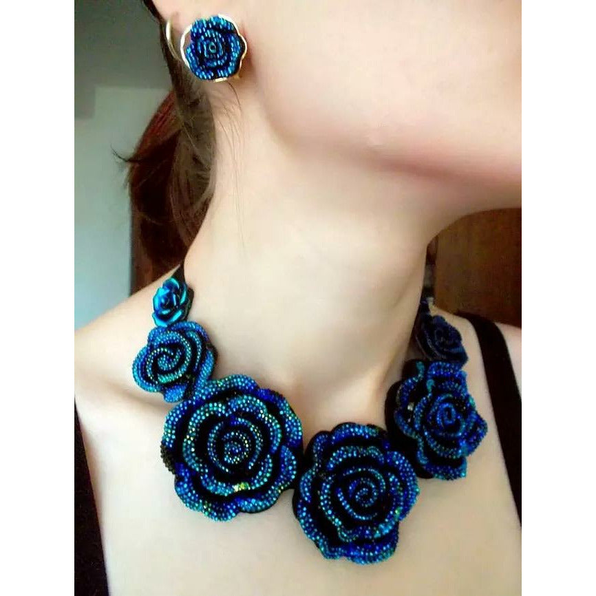 Nikko Blue Rose Statement Choker Necklace with Earrings