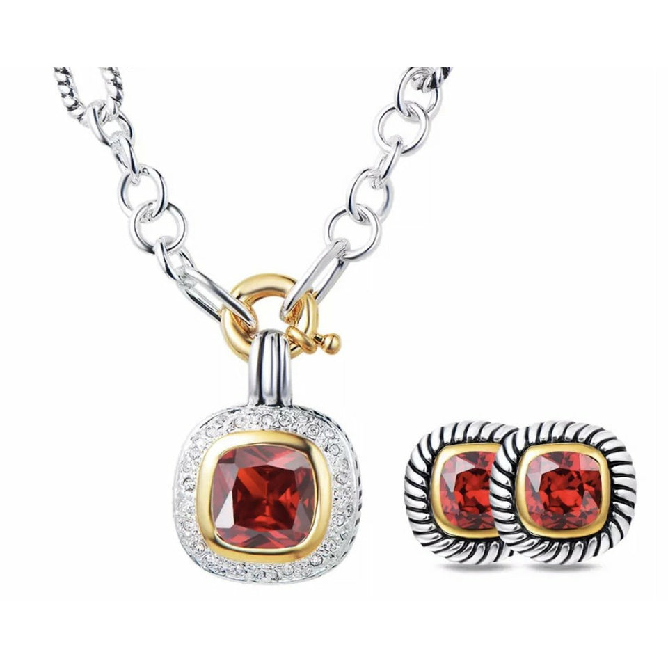 Designer Inspired Necklace with matching earrings- Gold and Silver Two Tone Jewelry (Red Garnet)