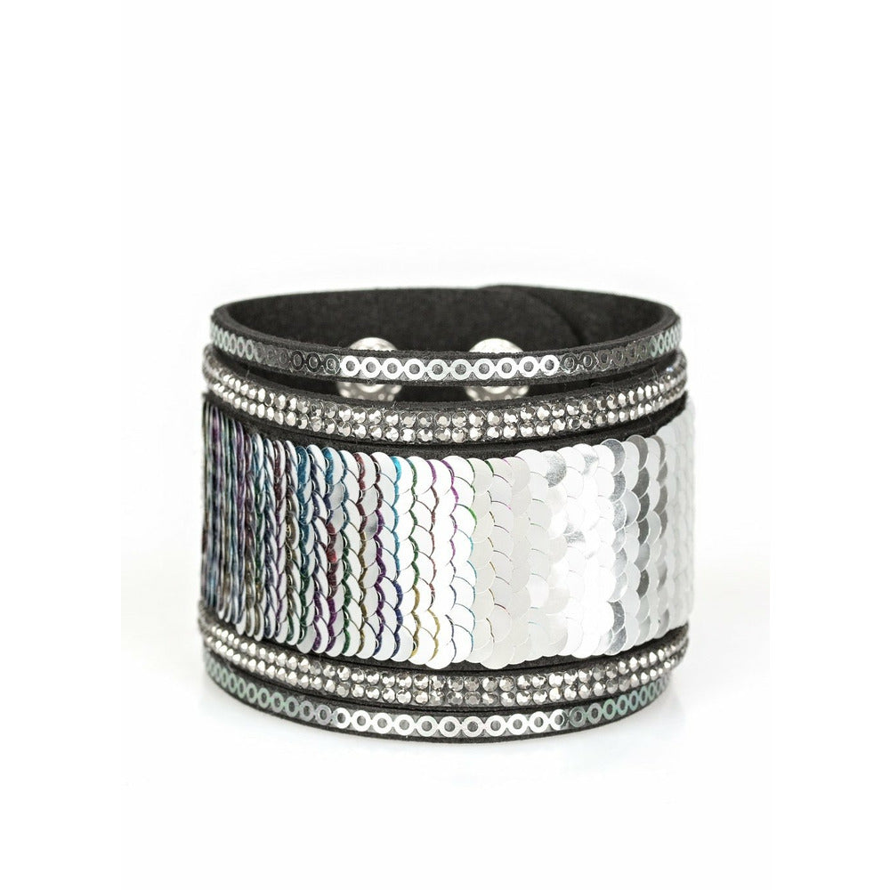 Silver sequence leather cuff bracelet