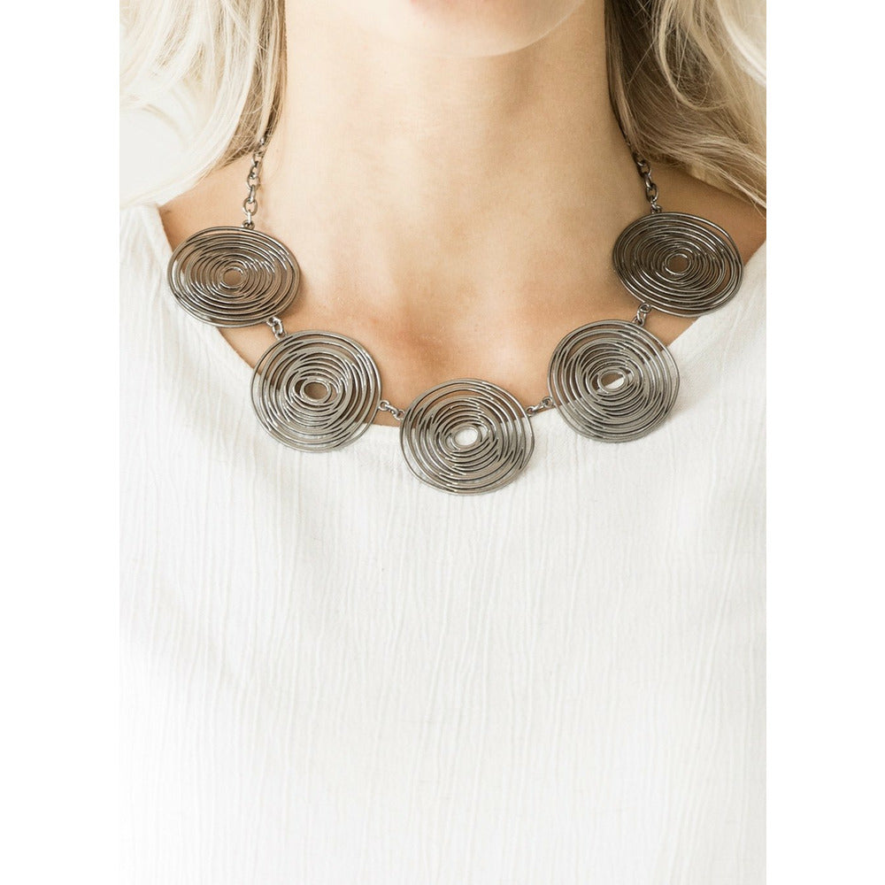Silver black swirl metal statement necklace 