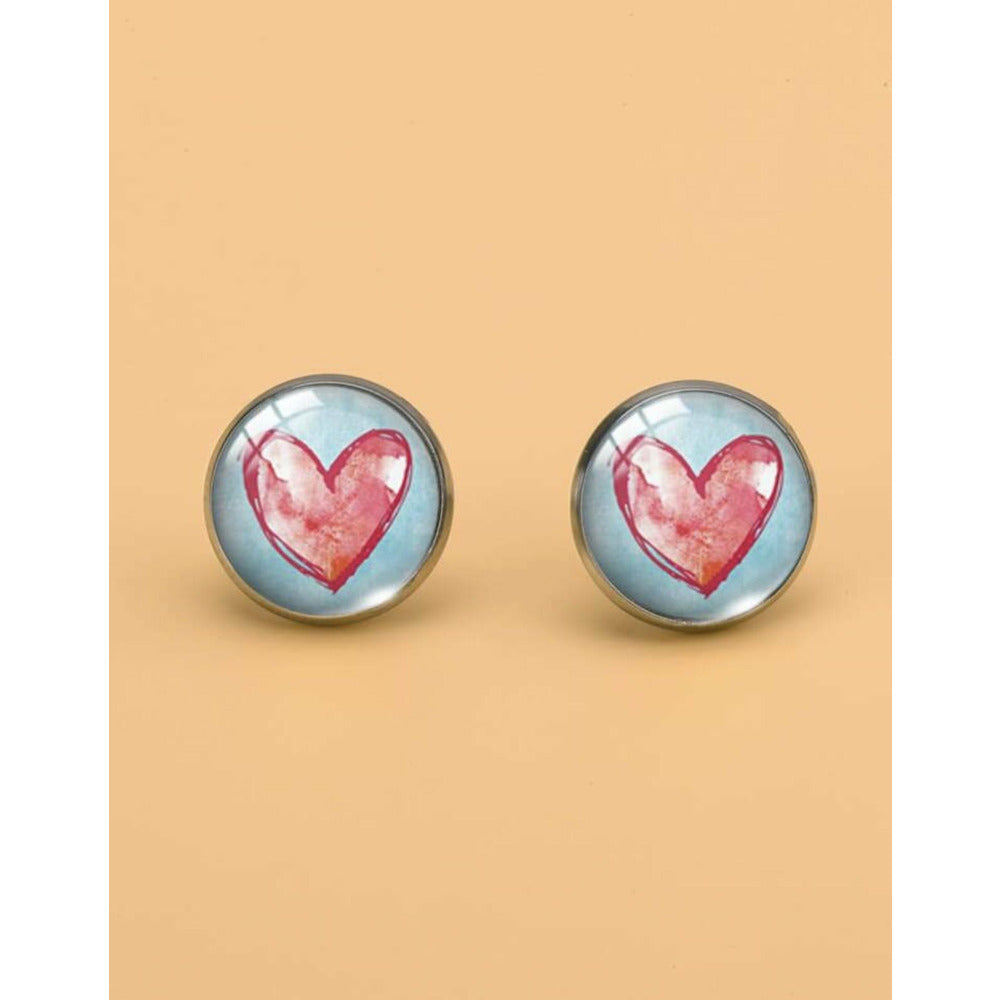 Heart Round Stainless Steel Post Earrings