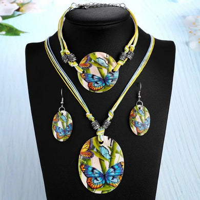 Shell butterfly oval necklace earrings bracelet set with leather chord 