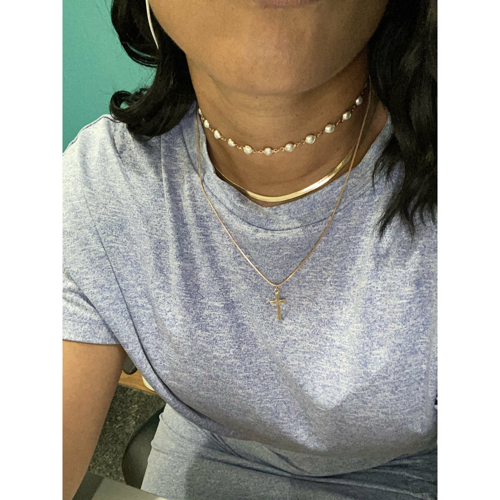 Crystal Choker w/ Cross Pendant Layered Gold Necklace