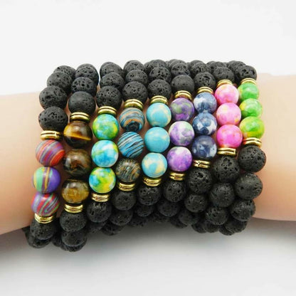 Lava beaded bracelet with sea glass stones - Black, blue, turquoise, purple, brown