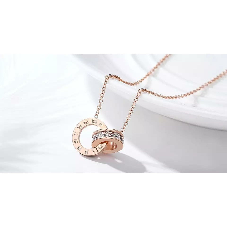 Love friendship interlocking roman numeral ring necklace - rose gold