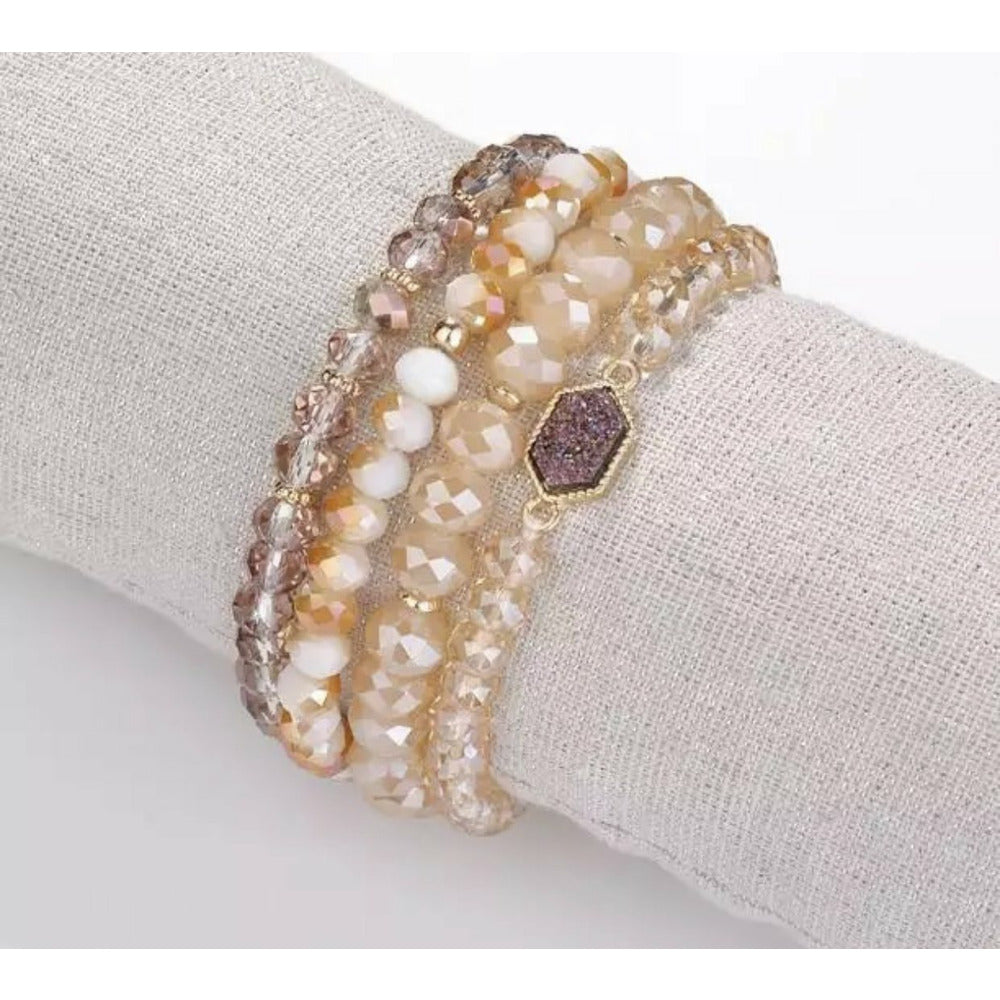 Crystal beaded stacked bracelet with druzy stone