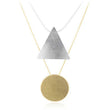 layered gold and silver necklace with geometric triangle circle pendants. 