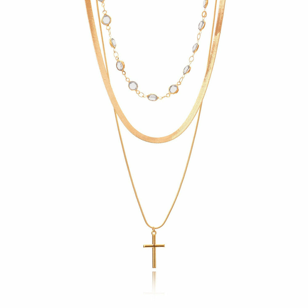 Crystal Choker w/ Cross Pendant Layered Gold Chain Necklace