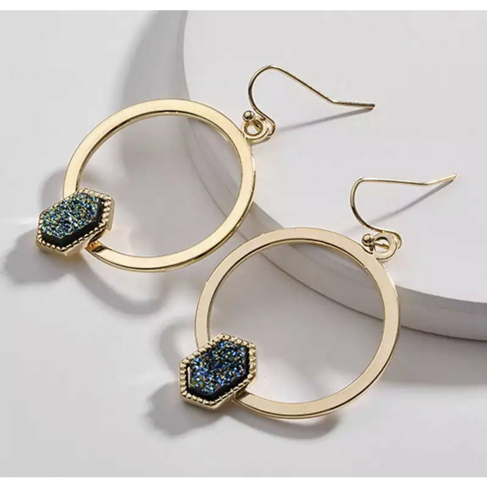 Drusy druzy Gold Drop Earrings- blue