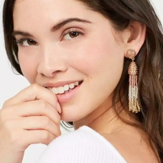 Beaded fringe long tassel earrings- pink, gold, silver and neutral 