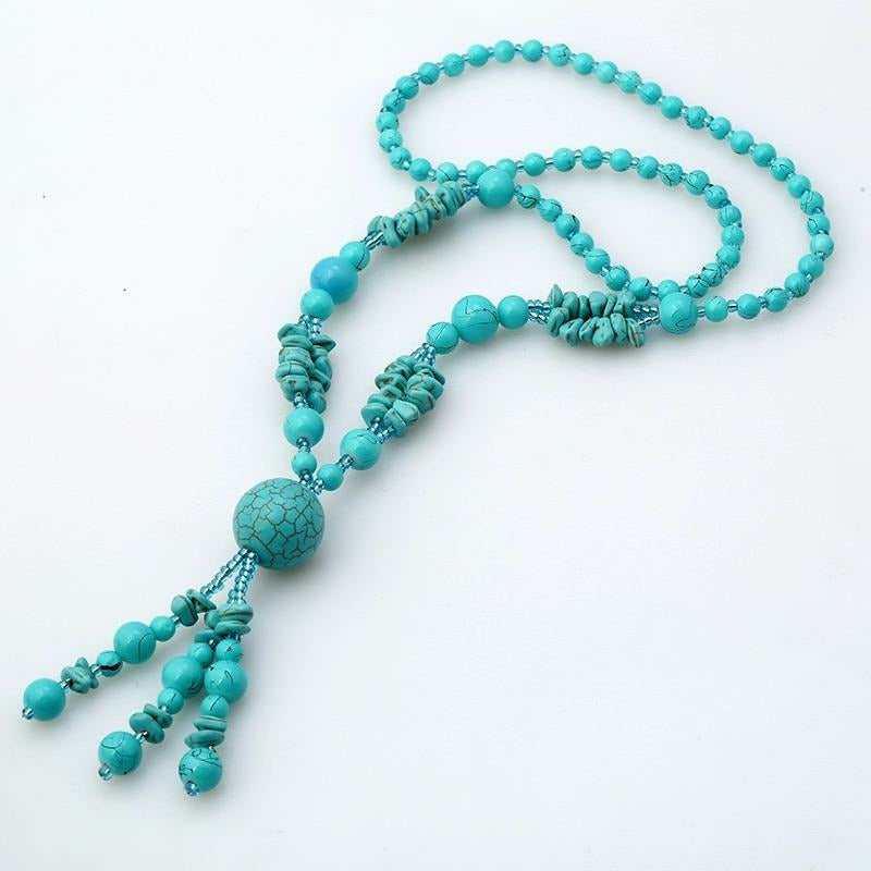 Penelope Turquoise Beaded / natural stone Long Tassel Necklace 