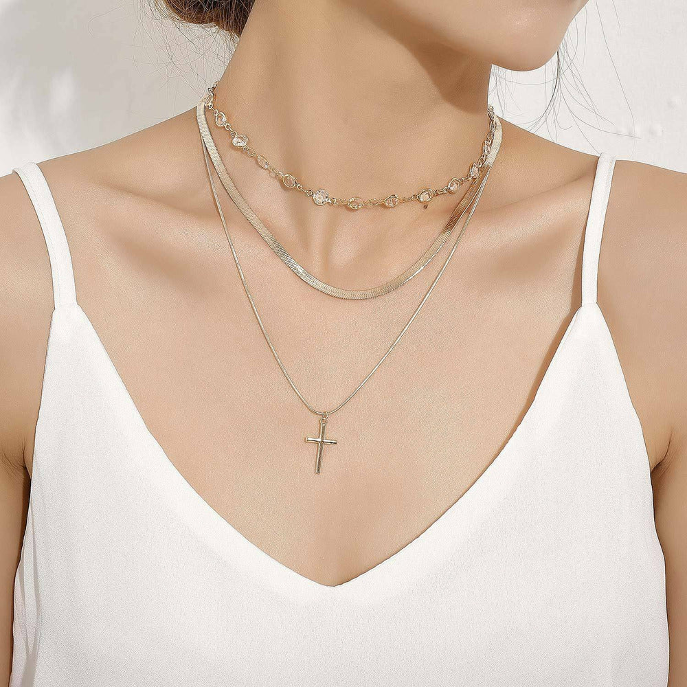 Crystal Choker w/ Cross Pendant Layered Gold Necklace