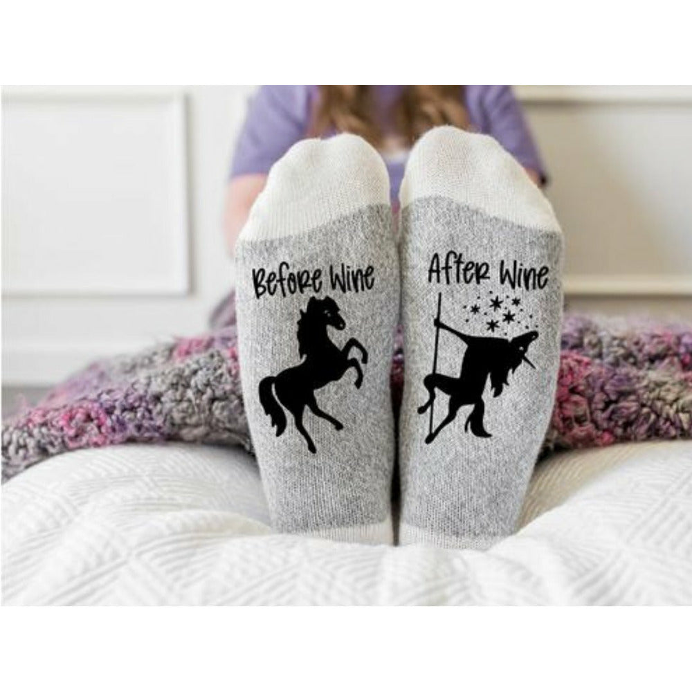 Funny Socks, Wine and Unicorn on The Pole - Perfect Bridesmaid or Girls Night Gift 