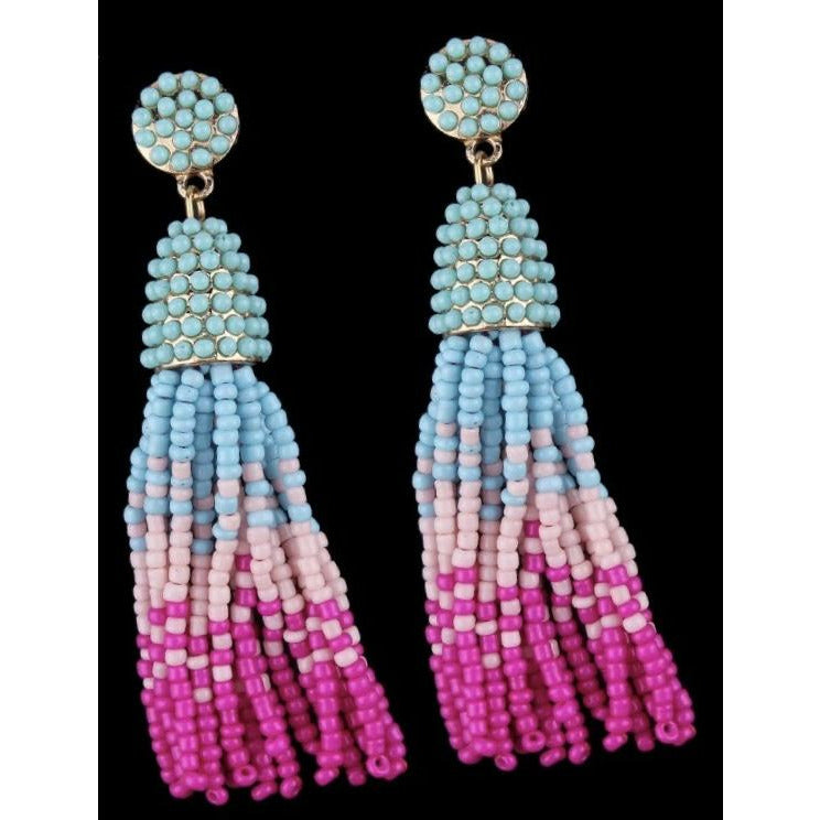Beaded fringe long tassel earrings- pink, gold, silver and neutral 