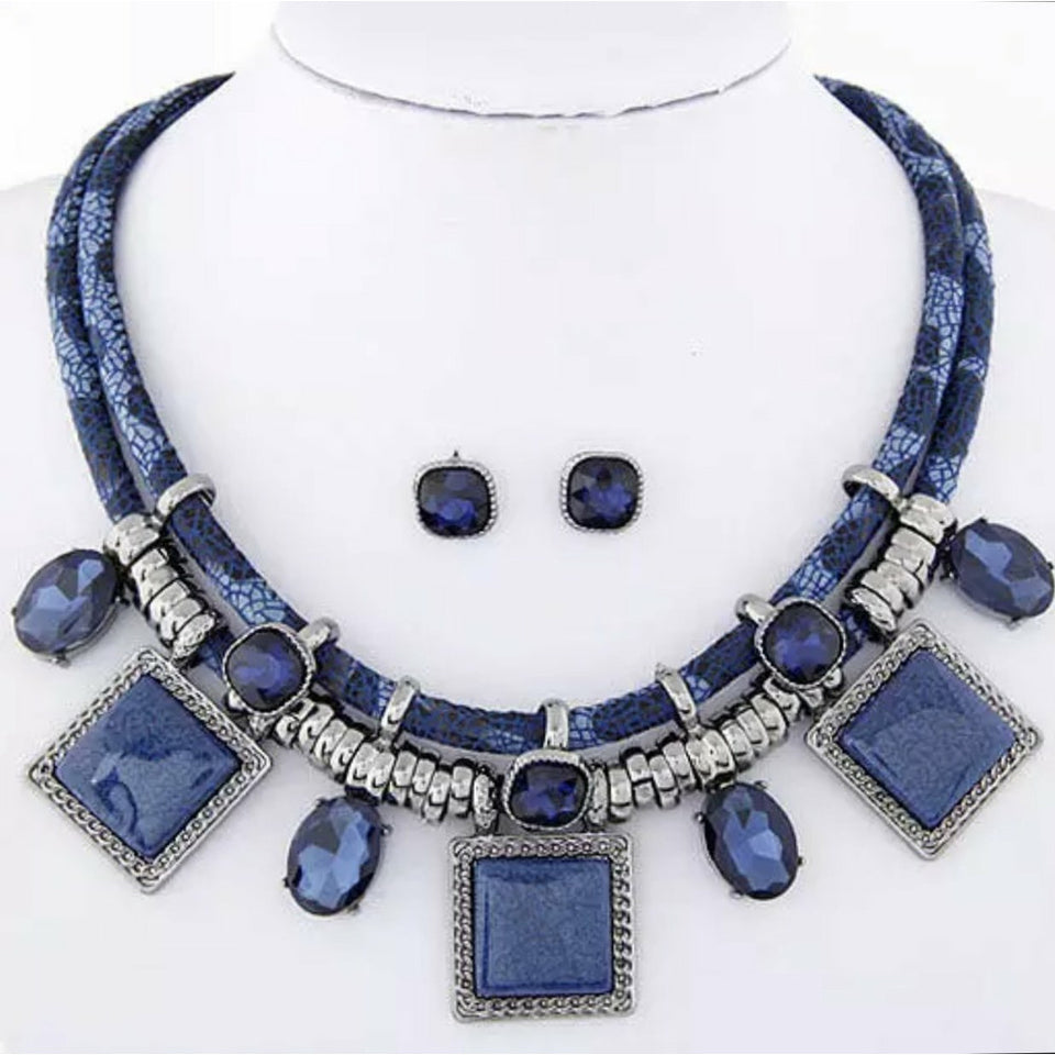 Sapphire Blue Statement Collar Necklace with earrings jewelry set