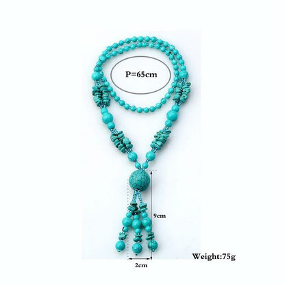Penelope Turquoise Beaded Long Tassel Necklace