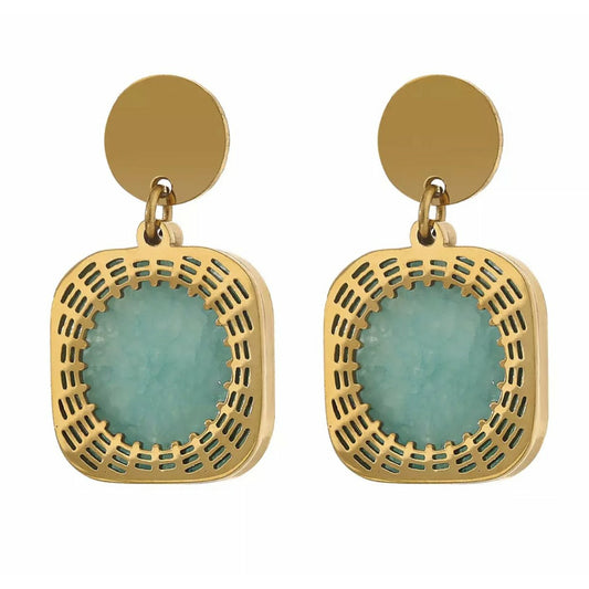 Turquoise Drop  Gold Square Earrings