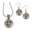 Gold silver braided cross with blue gem necklace with earrings set