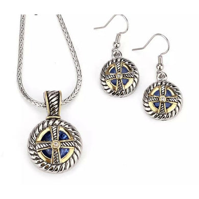 Gold silver braided cross with blue gem necklace with earrings set