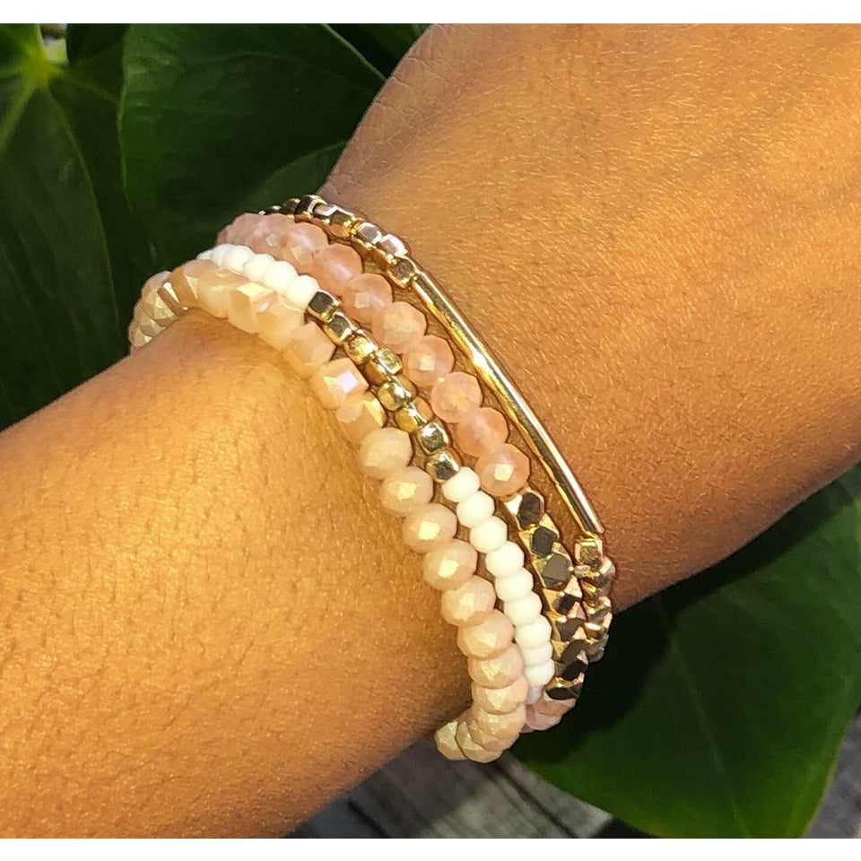 Set of 4 Beaded Bracelet - Natural White and Gold