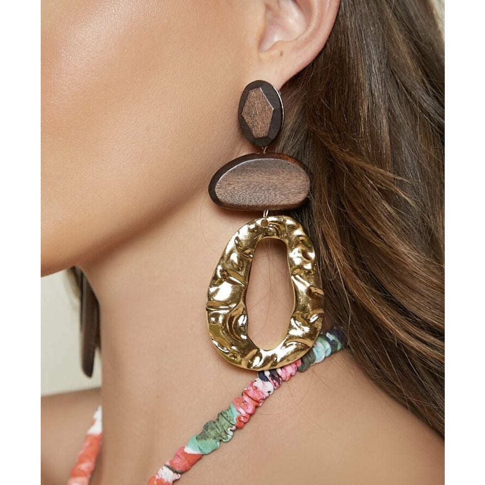 Wooden and gold drop asymmetrical statement Earrings