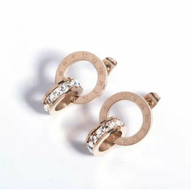 Interlocking Roman Numeral Drop Stud CZ Rose Gold Earrings 