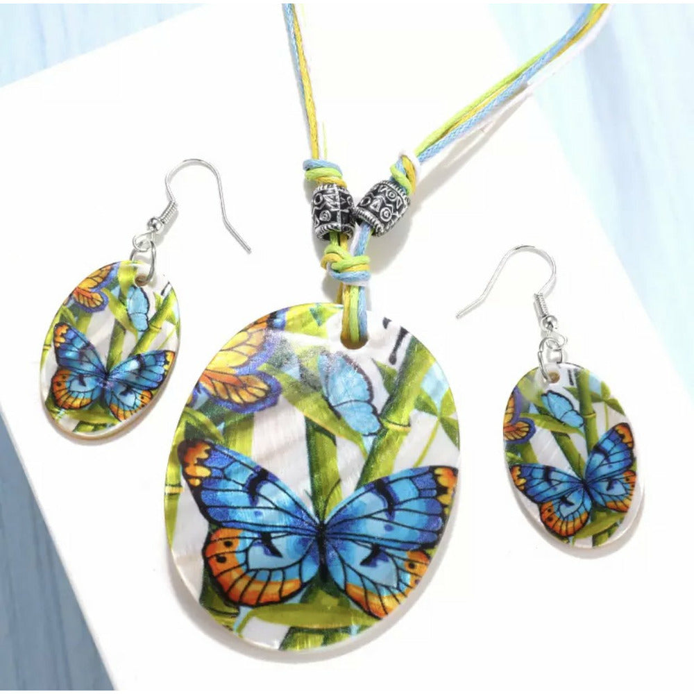 Shell butterfly oval necklace earrings bracelet set with leather chord 