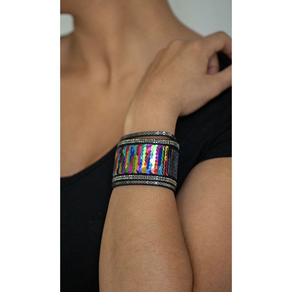 Rainbow unicorn sequence leather cuff bracelet- silver / multicolor 