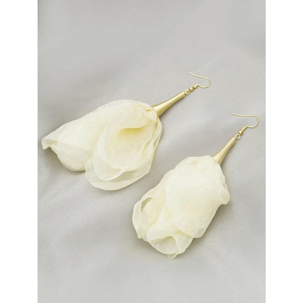 Pom-Pom Chiffon Flower Drop Earrings - Rose Pink / Beige