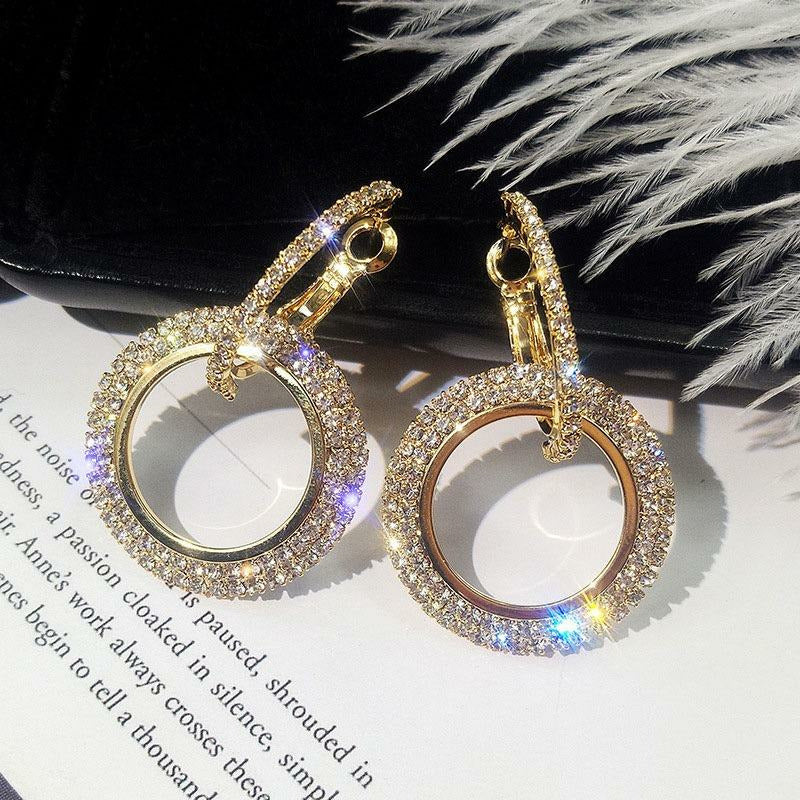 Gold Round Drop CZ rhinestone Earrings 