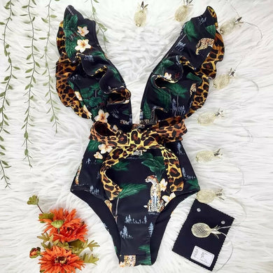 sexy, low V, high-waist, leopard print ruffle one piece swimsuit. 