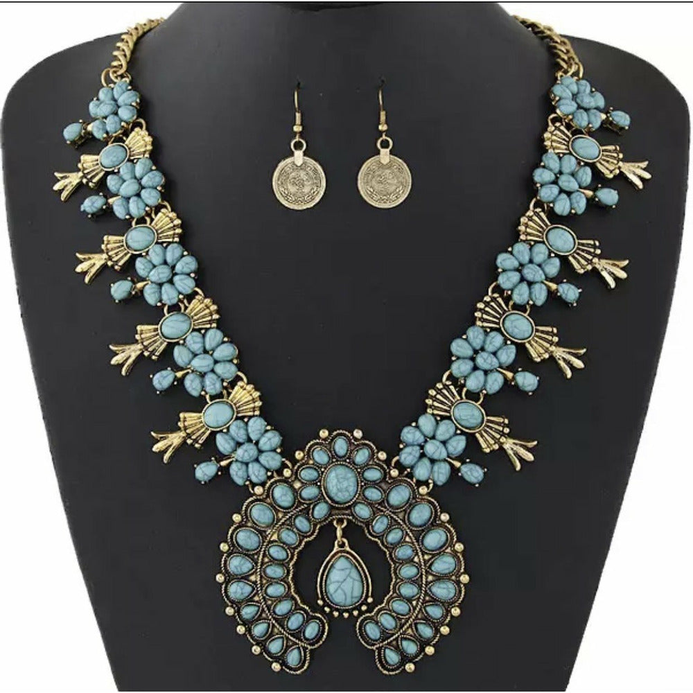 Squash Blossom Necklace Set - Gold and Turquoise 