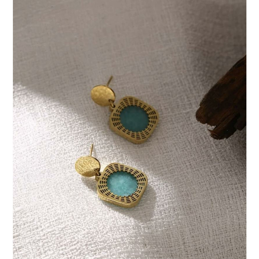 Turquoise Drop  Gold Square Earrings