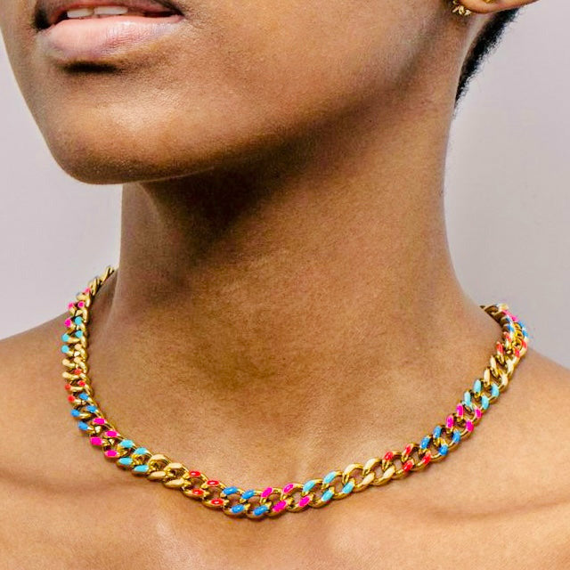 Multicolor Enamel Cuban Link Gold Necklace