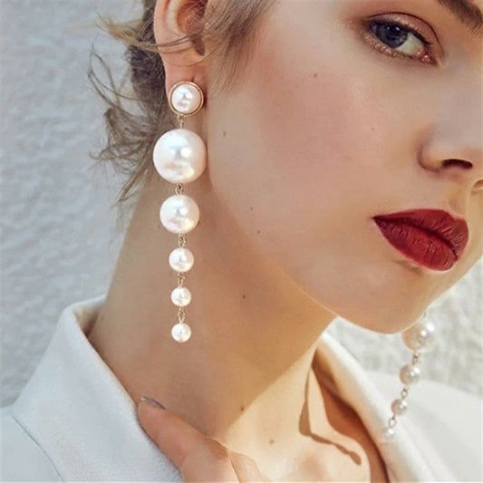 Long drop white pearl earrings - Statement Earrings 