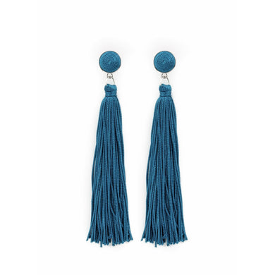 Blue and silver long tassel earrings 